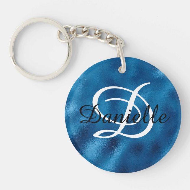 Girly Name and Monogram Faux Blue Foil Photo Key Ring (Front)