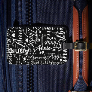 Girly Name Hearts and Stars Black and White Luggage Tag