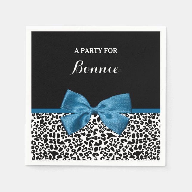 Girly Name Leopard Print Pretty Blue Ribbon Bow Napkin (Front)