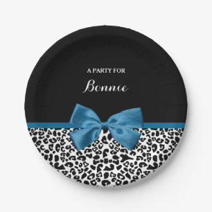 Girly Name Leopard Print Pretty Blue Ribbon Bow Paper Plate