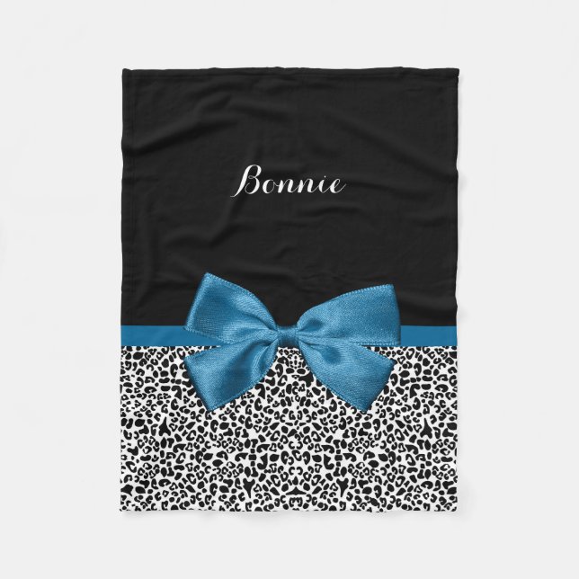 Girly Name Leopard Print Pretty Cobalt Blue Ribbon Fleece Blanket (Front)