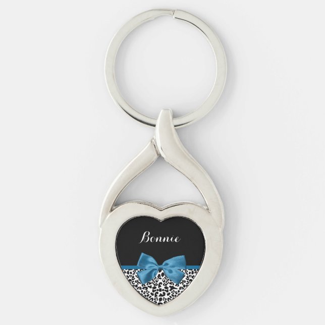 Girly Name Leopard Print Pretty Cobalt Blue Ribbon Key Ring (Front)