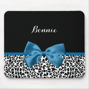 Girly Name Leopard Print Pretty Cobalt Blue Ribbon Mouse Pad