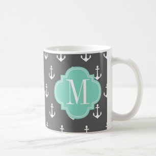 Girly Nautical Anchors Charcoal Aqua Personalised Coffee Mug