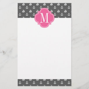 Girly Nautical Anchors Charcoal Pink Personalised Stationery