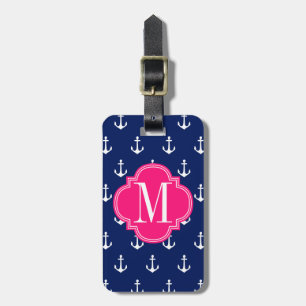 Girly Nautical Anchors Navy Pink Personalised Luggage Tag