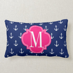 Girly Nautical Anchors Navy Pink Personalised Lumbar Cushion