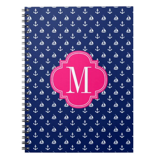 Girly Nautical Anchors Navy Pink Personalised Notebook (Front)