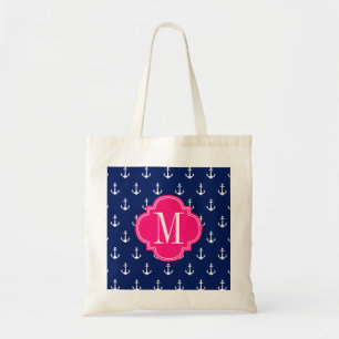 Girly Nautical Anchors Navy Pink Personalised Tote Bag