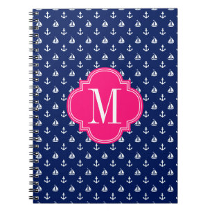 Girly Nautical Anchors Navy Pink Personalized Notebook