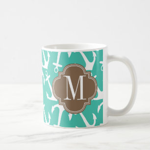 Girly Nautical Anchors Turquoise brown Personalise Coffee Mug