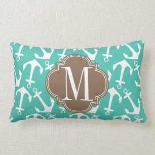 Girly Nautical Anchors Turquoise brown Personalise Lumbar Cushion