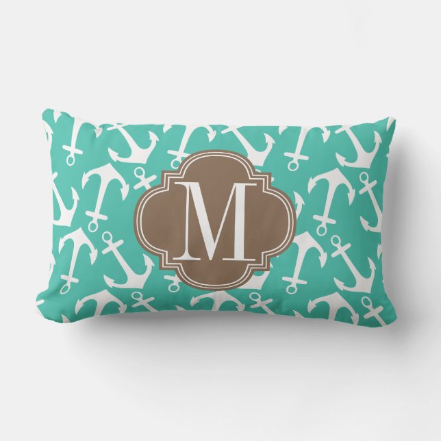 Girly Nautical Anchors Turquoise brown Personalise Lumbar Cushion (Front)