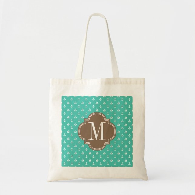 Girly Nautical Anchors Turquoise brown Personalise Tote Bag (Front)