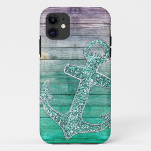 Girly Nautical Purple Aqua Anchor & Wood Look iPhone 11 Case