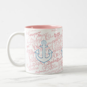 girly, nautical & with custom name on pink Two-Tone coffee mug