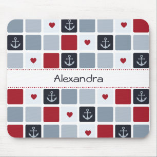 Girly Navy and Red Anchor Heart Pattern With Name Mouse Pad