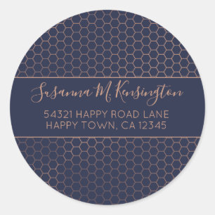 Girly Navy and Rose Gold Foil Hexagon Address Classic Round Sticker