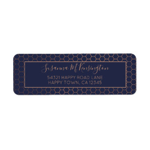 Girly Navy and Rose Gold Foil Hexagon Geometric Return Address Label