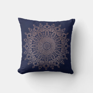 Girly Navy Blue and Rose Gold Mandala Boho Cushion