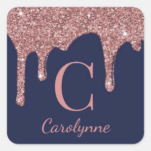 Girly Navy Blue Blush Pink Sparkle Glitter Drips Square Sticker