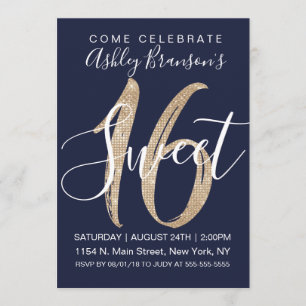 Girly Navy Blue Faux Gold Sequin Glitter Sweet 16 Invitation