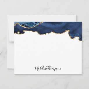 Girly Navy Blue Gold Agate Geode Script Typography Card