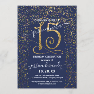 Girly Navy Blue Gold Confetti Border Quinceañera Invitation