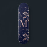 Girly Navy Blue Marble Rose Gold Foil Monogram Skateboard<br><div class="desc">Girly Navy Blue Marble Rose Gold Foil Monogram Skateboard with trendy coppery rose gold/pink on navy blue marble and your custom monogram. Perfect for your girly,  luxury aesthetic.</div>