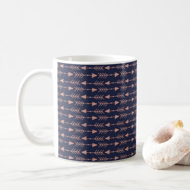 Girly Navy Blue Rose Gold Foil Tribal Arrows Coffee Mug (With Donut)