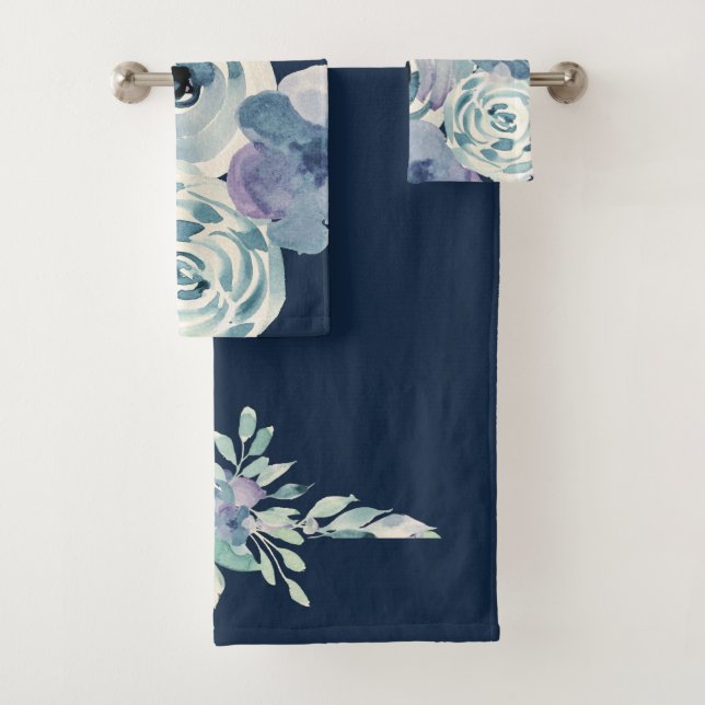Girly Navy Blue Watercolor Floral Bath Towel Set (Insitu)