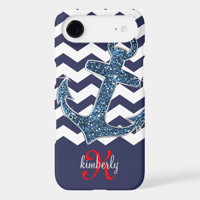 Girly Navy Faux Glitter Anchor Chevron Chic Case-Mate iPhone Case (Back)