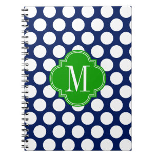 Girly Navy & Green Big Dots Monogrammed Notebook