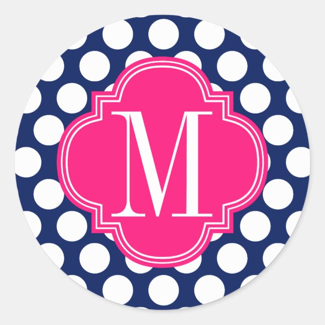Girly Navy & Pink Big Dots Monogrammed Classic Round Sticker (Front)