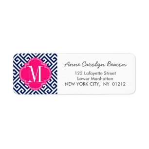 Girly Navy & Pink Greek Key Pattern Custom Return Address Label