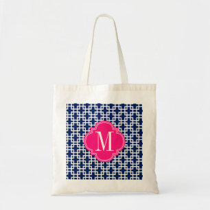 Girly Navy & Pink Squares Pattern Custom Tote Bag