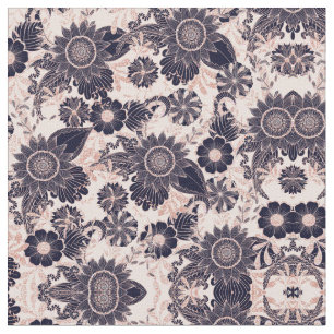 Girly Navy Rose Gold Glitter Floral Illustrations Fabric