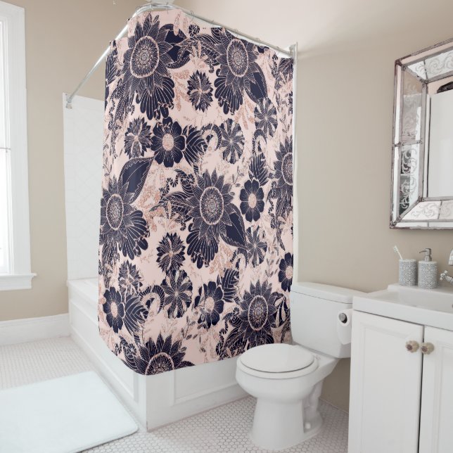 Girly Navy Rose Gold Glitter Floral Illustrations Shower Curtain (In Situ)