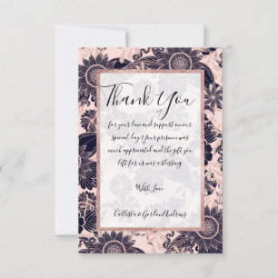 Girly Navy Rose Gold Glitter Floral Illustrations Thank You Card