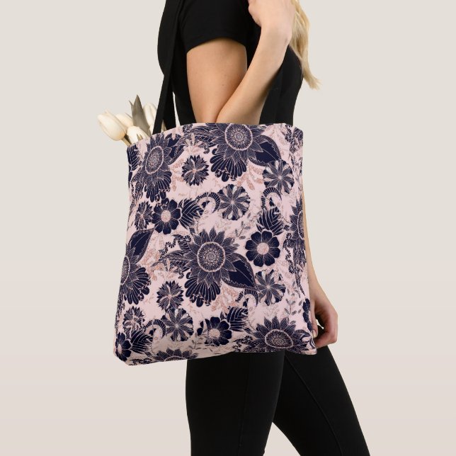 Girly Navy Rose Gold Glitter Floral Illustrations Tote Bag (Close Up)