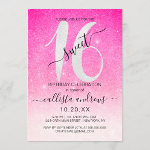 Girly Neon Pink White Glitter Ombre Sweet 16 Invitation