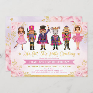 Girly Nutcracker Winter Blush Gold Floral Birthday Invitation