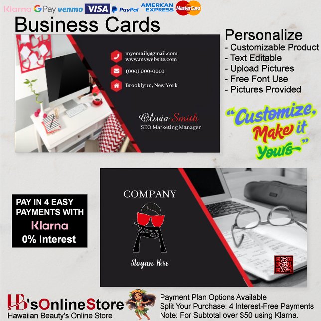Girly Office Red Black Classy SEO QR Code  Business Card (Girly Office Red Black Classy SEO QR Code Business Card 4.)