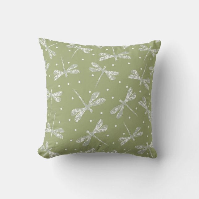 Girly olive green white dots and dragonflies cushion (Front)