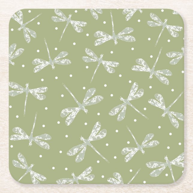 Girly olive green white dots and dragonflies square paper coaster (Front)