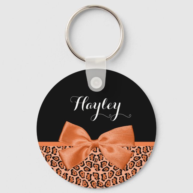 Girly Orange Black Jaguar Cute Ribbon With Name Key Ring (Front)