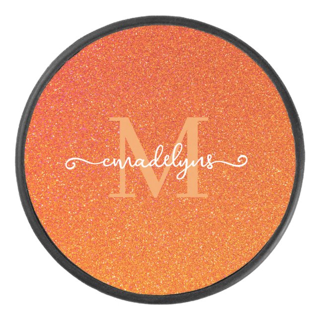 Girly Orange Glitter Sparkles Monogram Script Name Hockey Puck (Front)