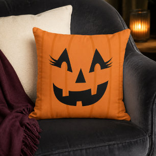 Girly Orange Jack O Lantern Pumpkin Face Halloween Cushion