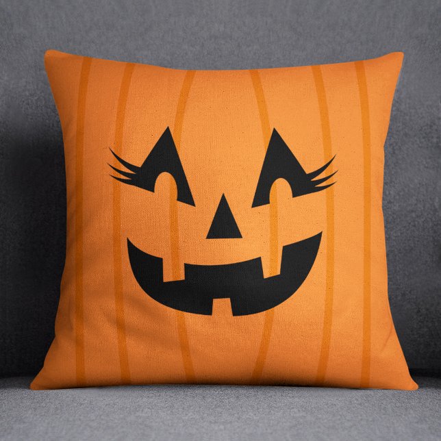 Girly Orange Jack O Lantern Pumpkin Face Halloween Cushion (Creator Uploaded)