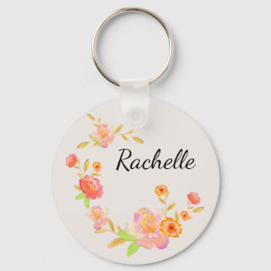 Girly Orange & Pink Floral Monogrammed Key Ring